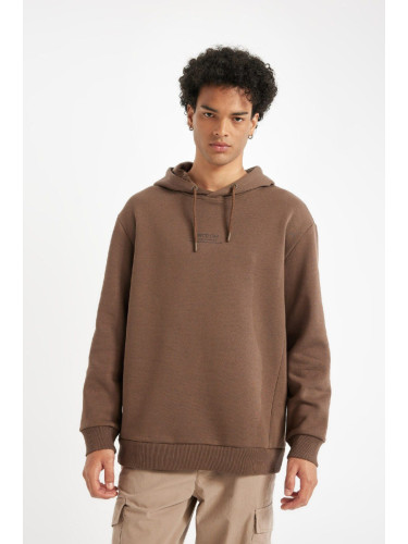 DEFACTO Men's Brown Regular Fit Hooded Printed Sweatshirt