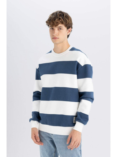 DEFACTO Men's Blue Boxy Fit Crew Neck Striped Sweatshirt