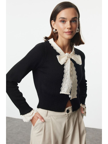 Trendyol Black Crop Garnished Ribbon/Bow Detailed Knitwear Cardigan