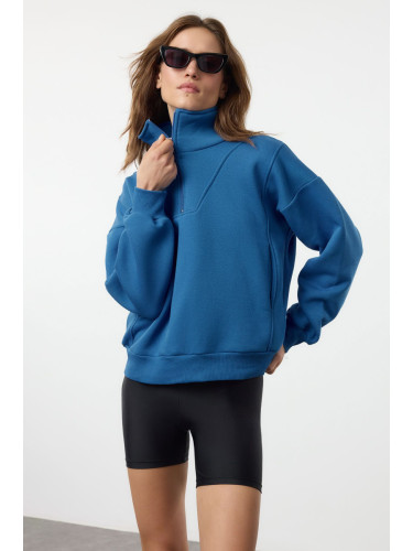 Trendyol Saks Oversize/Wide Fit Zippered Stand-Up Collar Thick Inside Fleece Knitted Sweatshirt