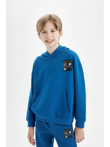 DEFACTO Boy Blue Oversize Fit Wide Pattern Hooded Pocket Thick School Sweatshirt