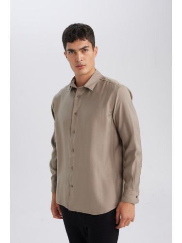 DEFACTO Men's Khaki Relax Fit Relaxed Cut Twill Fabric Modal Blend Long Sleeve Shirt