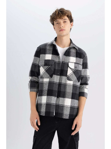 DEFACTO Men's Black Relax Fit Relaxed Cut Plaid Lumberjack Flannel Cotton Long Sleeve Shirt