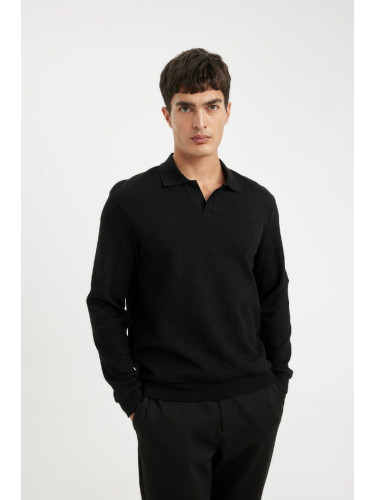 DEFACTO Men's Black Regular Fit Polo Neck Jacquard Knitwear Sweatshirt