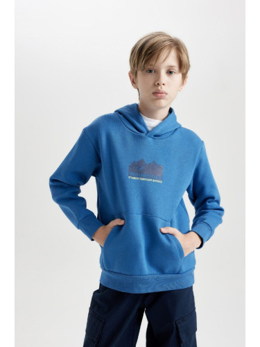 DEFACTO Boy's Blue Regular Fit Hooded Back Printed Thick Sweatshirt