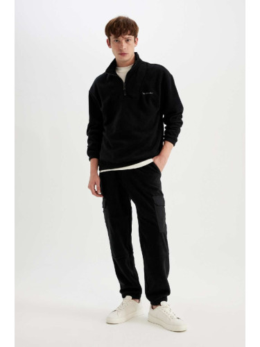 DEFACTO Men's Black Regular Fit Regular Cut Cargo Pocket Fleece Elastic Leg Sweatpants