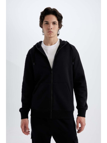 DEFACTO Men's Black Hooded Soft Fuzzy Inside Zipper Basic Cotton Sweatshirt Cardigan