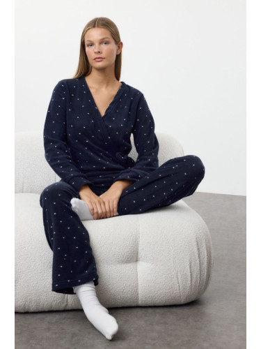 Trendyol Navy Blue Heart-shaped Tie Detailed Polar Fleece Winter Knitted Pajama Set