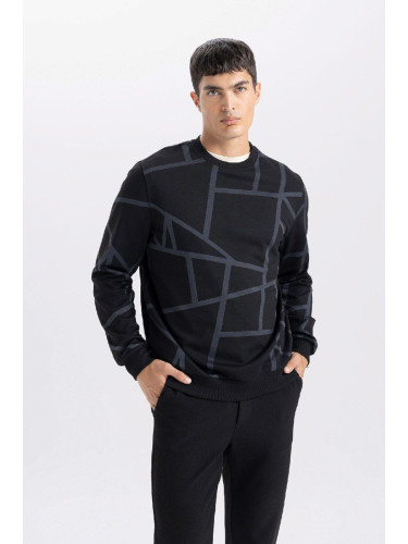 DEFACTO Men's Black Modern Fit Crew Neck Patterned Sweatshirt