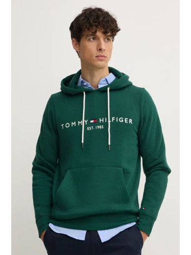 Суичър Tommy Hilfiger в зелено с качулка с апликация