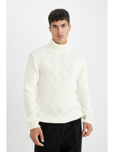 DEFACTO Men's White Standard Fit Regular Cut Half Turtleneck Basic Plain Knitwear Sweater