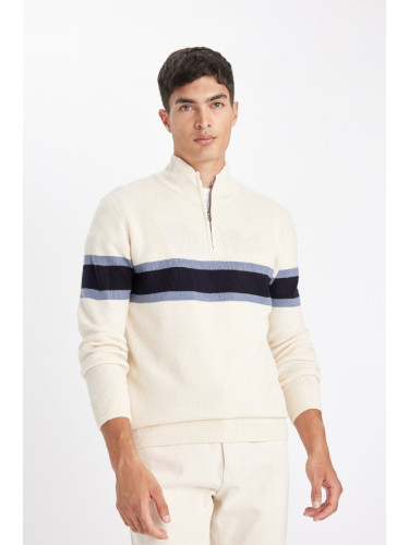 DEFACTO Beige Standard Fit Regular Cut Semi-Zipped Stand Collar Striped Knitwear Sweater