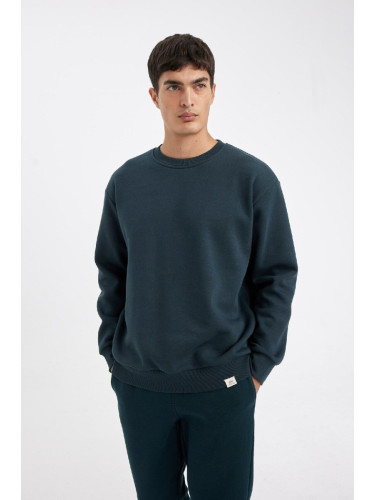 DEFACTO Men's Dark Green Oversize Fit Crew Neck Thick Fabric Basic Plain Sweatshirt