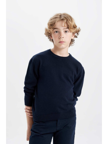 DEFACTO Boy Navy Blue Crew Neck Basic Plain Knitwear School Sweater