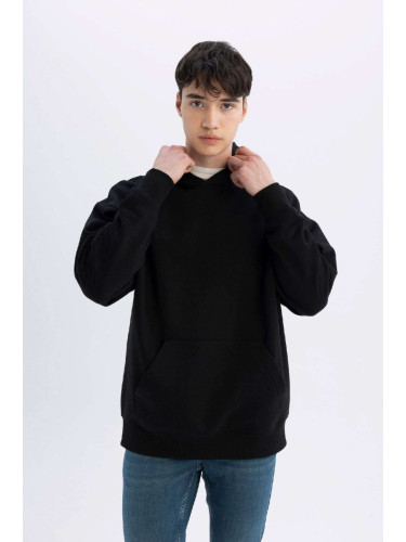 DEFACTO Men's Black Oversize Fit Hooded Pocket Basic Sweatshirt