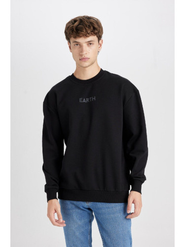 DEFACTO Men's Black Boxy Fit Crew Neck Printed Sweatshirt