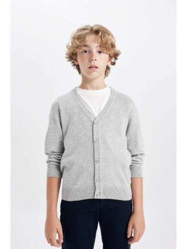 DEFACTO Boy Gray V-Neck Button-Down Knitted School Cardigan