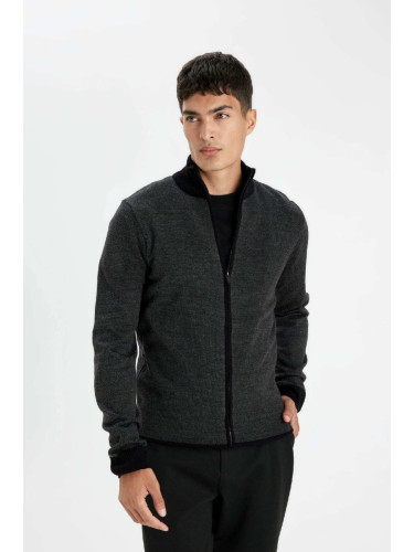 DEFACTO Black Standard Fit Regular Cut Stand Collar Zippered Jacquard Cardigan