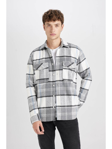 DEFACTO Men's Gray Regular Fit Regular Cut Polo Collar Plaid Lumberjack Flannel Long Sleeve Shirt