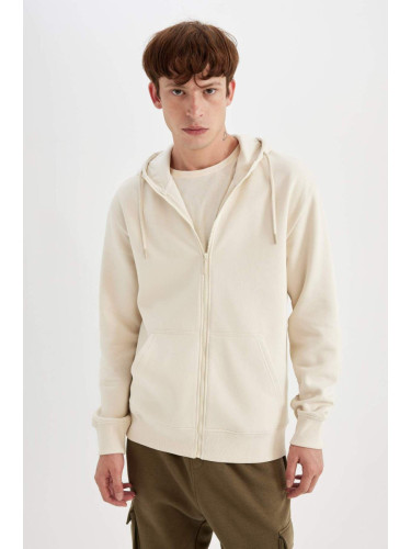 DEFACTO Men's Beige Hooded Soft Fuzzy Inside Zipper Basic Cotton Sweatshirt Cardigan X8331az24au