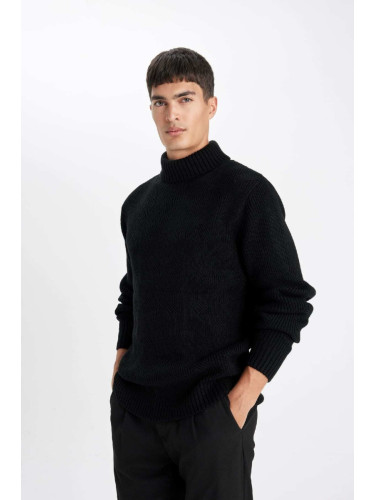 DEFACTO Men's Black Non-Pilling Anti-pilling Regular Cut Half Turtleneck Sweater