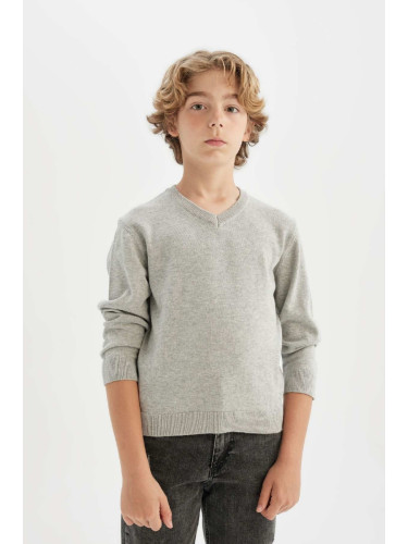 DEFACTO Boy Gray V Neck Basic Plain Knitwear School Sweater