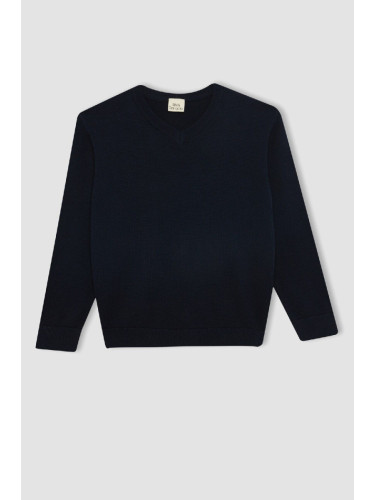 DEFACTO Boy Navy Blue V Neck Basic Plain Knitwear School Sweater