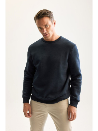 DEFACTO Navy Blue 3 Thread Cotton Raised Polar Fleece Regular Fit Crew Neck Thick Sweatshirt