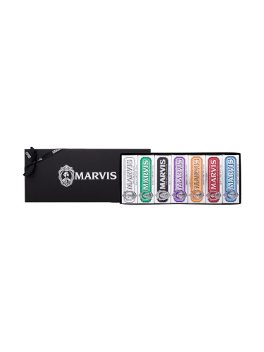 Marvis 7 Toothpastes Box Подаръчен комплект Aquatic Mint 25 ml + Cinnamon Mint 25ml + Ginger Mint 25 ml + Classic Strong Mint 25 ml + Jasmin Mint 25 ml + Amarelli Licorice 25 ml + Whitening Mint 25 ml