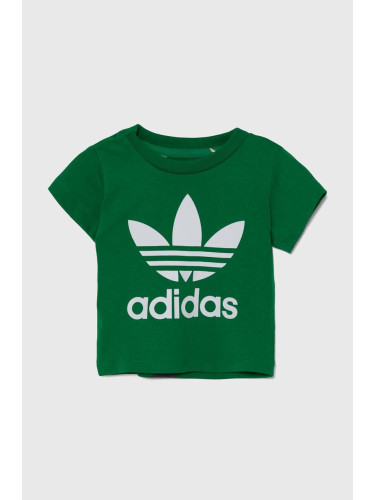 Бебешка памучна тениска adidas Originals TREFOIL TEE в зелено с принт IY4028