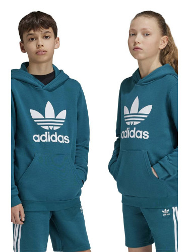 Детски суичър adidas Originals TREFOIL HOODIE в зелено с качулка с принт IY7440