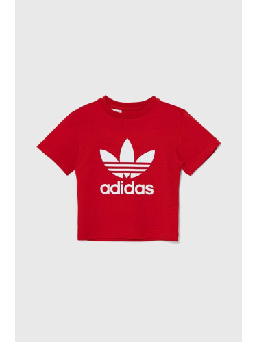 Детска памучна тениска adidas Originals TREFOIL TEE в червено с принт IY2387