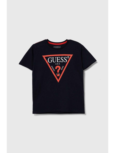 Детска памучна тениска Guess в тъмносиньо с принт L73I55 K8HM0