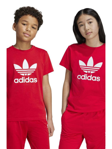 Детска памучна тениска adidas Originals TREFOIL TEE в червено с принт IY7423