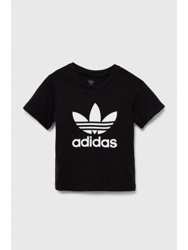 Детска памучна тениска adidas Originals TREFOIL TEE в черно с принт IY2385