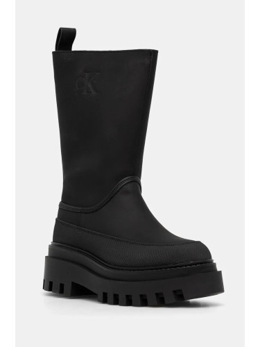 Гумени ботуши Calvin Klein Jeans FLATFORM RAINBOOT HIGH MG R в черно YW0YW01559