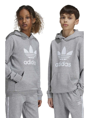 Детски суичър adidas Originals TREFOIL HOODIE в сиво с качулка с принт IY7442