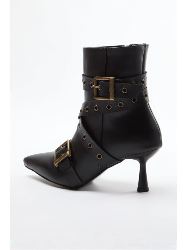 Trendyol Black Eyelet and Antique Buckle Detailed Thin Heel Women's Boots