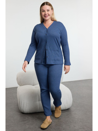 Trendyol Curve Indigo V Neck Buttoned Knitted Pajama Set