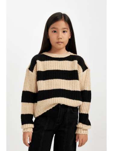 DEFACTO Girl Black Striped Regular Fit Crew Neck Knitwear Sweater