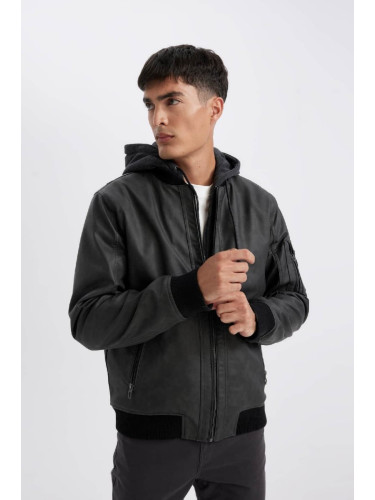 DEFACTO Slim Fit Hooded Faux Leather Jacket