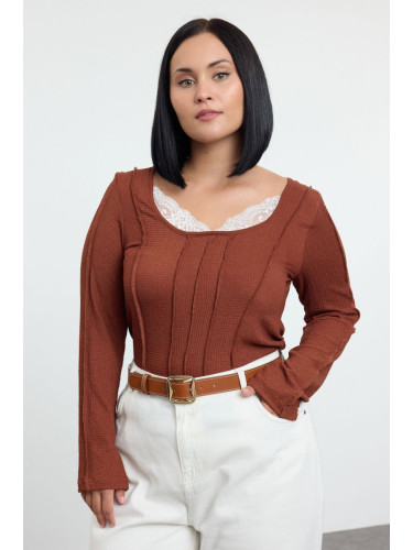 Trendyol Curve Brown Lace Collar Detailed Knitted Plus Size Blouse