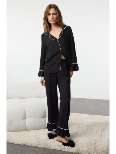 Trendyol Black Lace and Flounce Detailed Viscose Woven Pajama Set