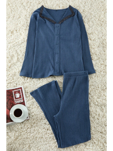 Trendyol Curve Navy Blue Corduroy Lace Knitted Pajamas Set