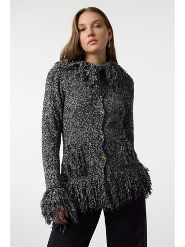 Trendyol Black Fringed Coat-Look Knitwear Cardigan