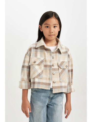 DEFACTO Girls Plaid Double Pocket Crop Long Sleeve Shirt