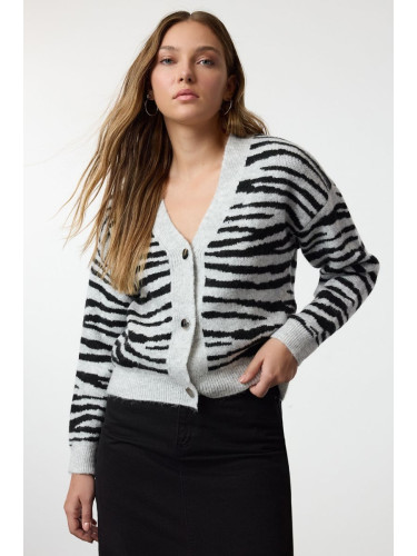 Trendyol Gray Soft Texture Zebra Patterned Knitwear Cardigan