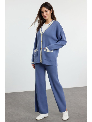 Trendyol Indigo Color Block Gold Buttoned Pocket Cardigan-Pants Knitwear Bottom-Top Set