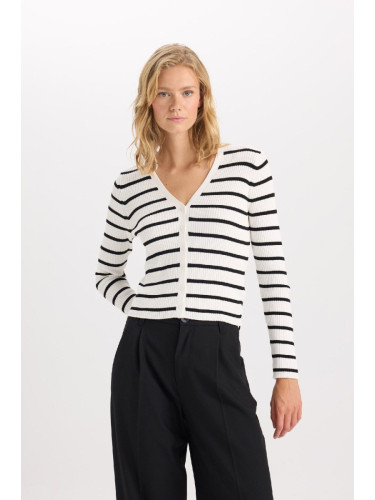 DEFACTO Fitted V Neck Striped Button Closure Ribbed Look Viscose Cardigan