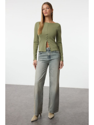 Trendyol Khaki Button Detailed Crew Neck Ribbed Flexible Regular Length Knitted Blouse